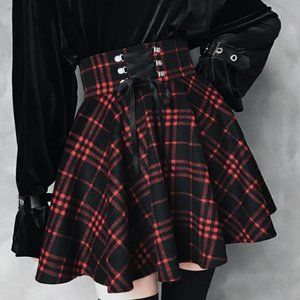 High Waist Plaid Lace Up Skirt | Women A-Line Wool Blend Skirt Gothic Skirt